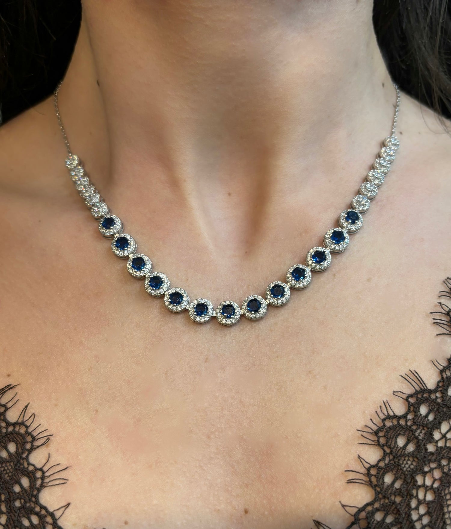 Collana tennis con zircone tondo blu in argento 925