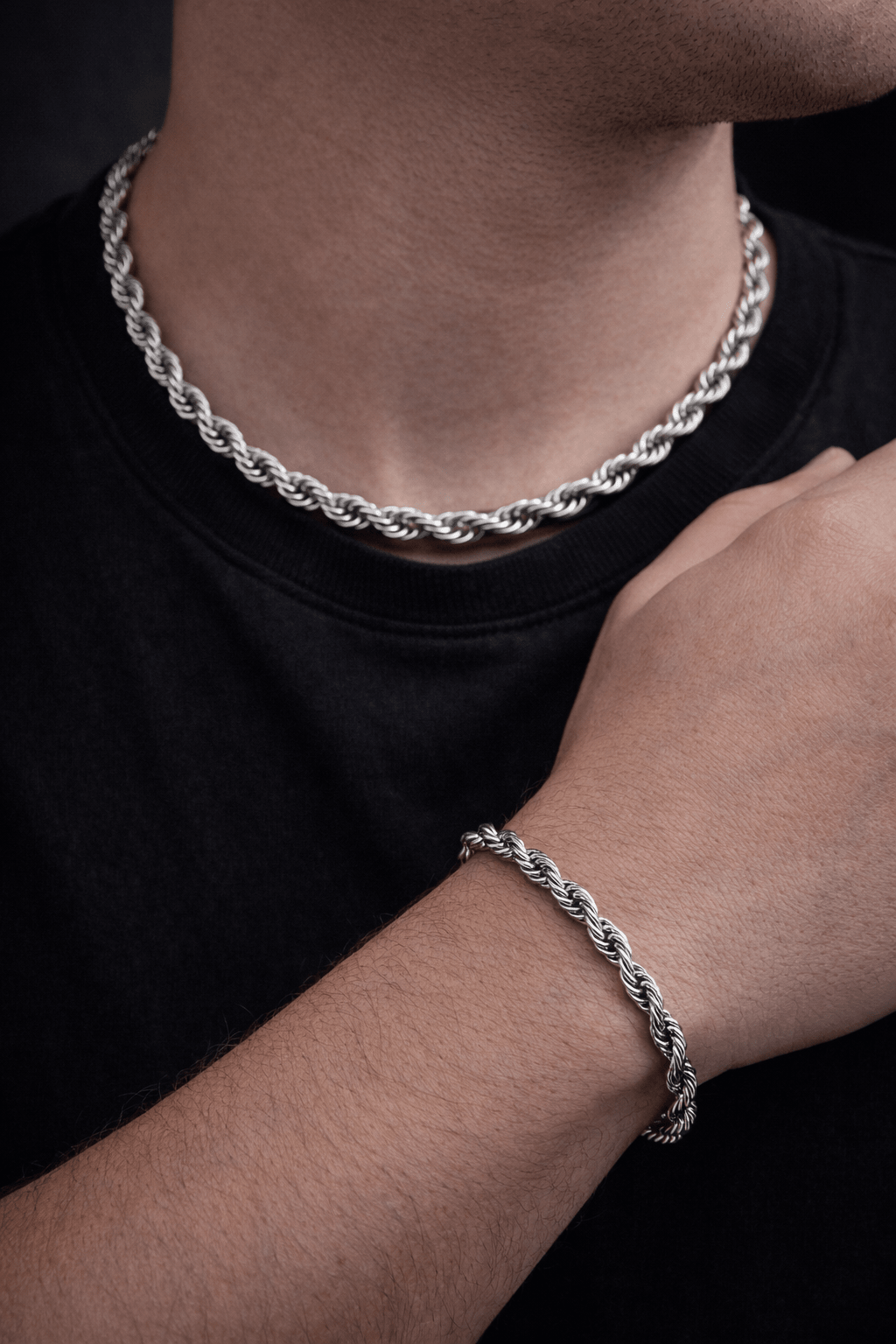 Bracciale Corda Uomo Color Argento in Acciaio Inossidabile 316L – Catena Intrecciata Resistente all’Acqua - SIddharta