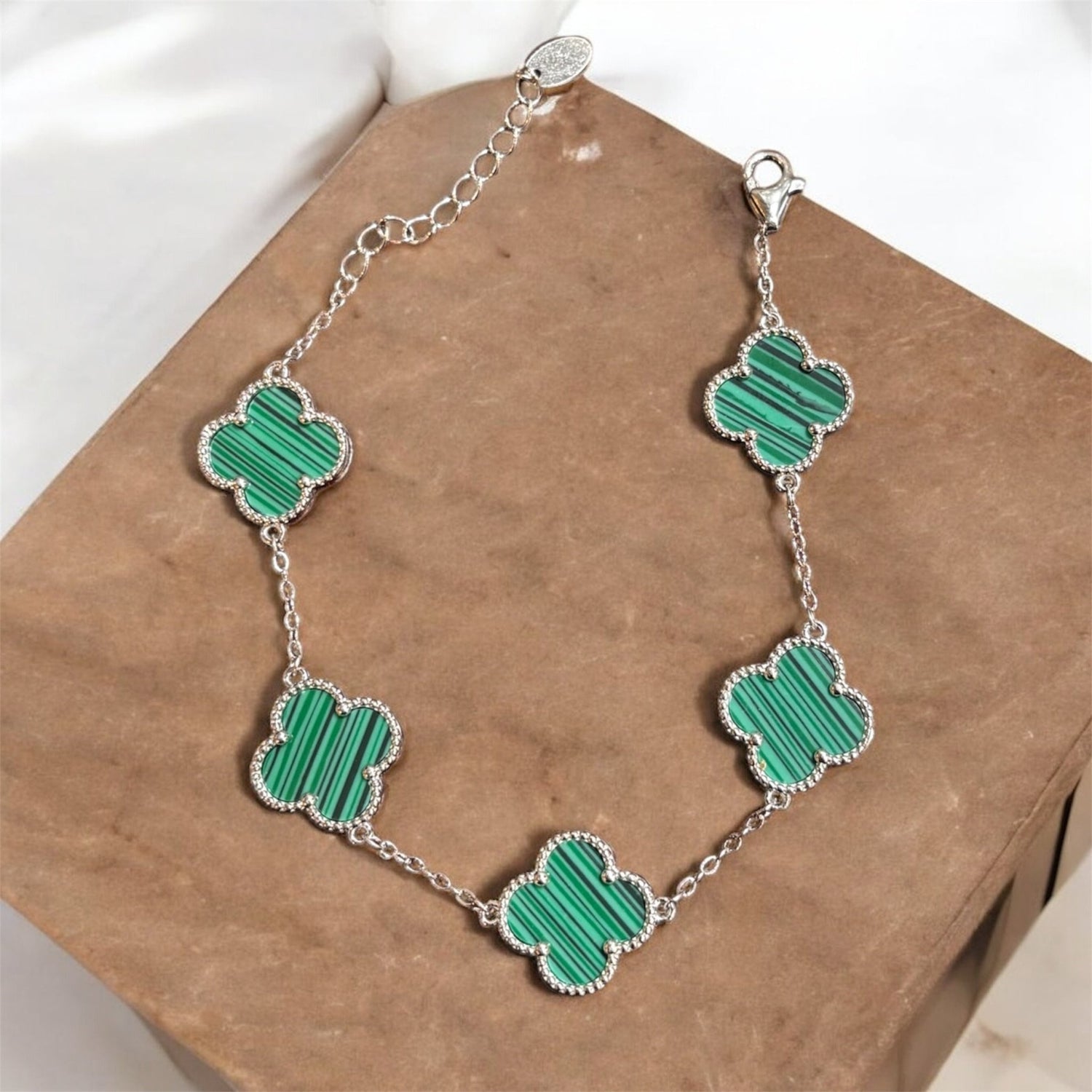 Bracciale quadrifoglio 5 fiori S malachite in argento 925 - SIddharta