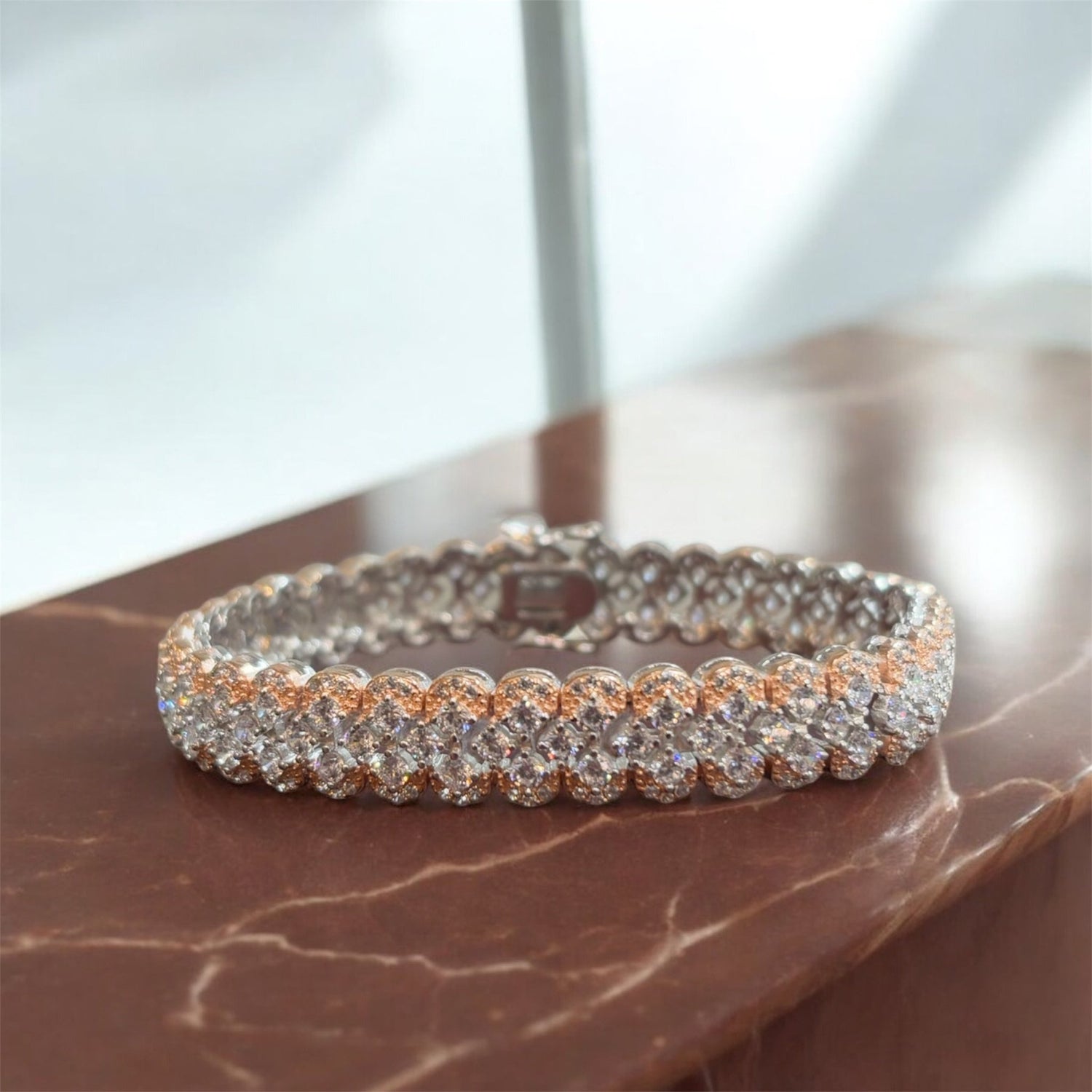 Bracciale tennis maglia larga bianco e ramato in argento 925 - SIddharta