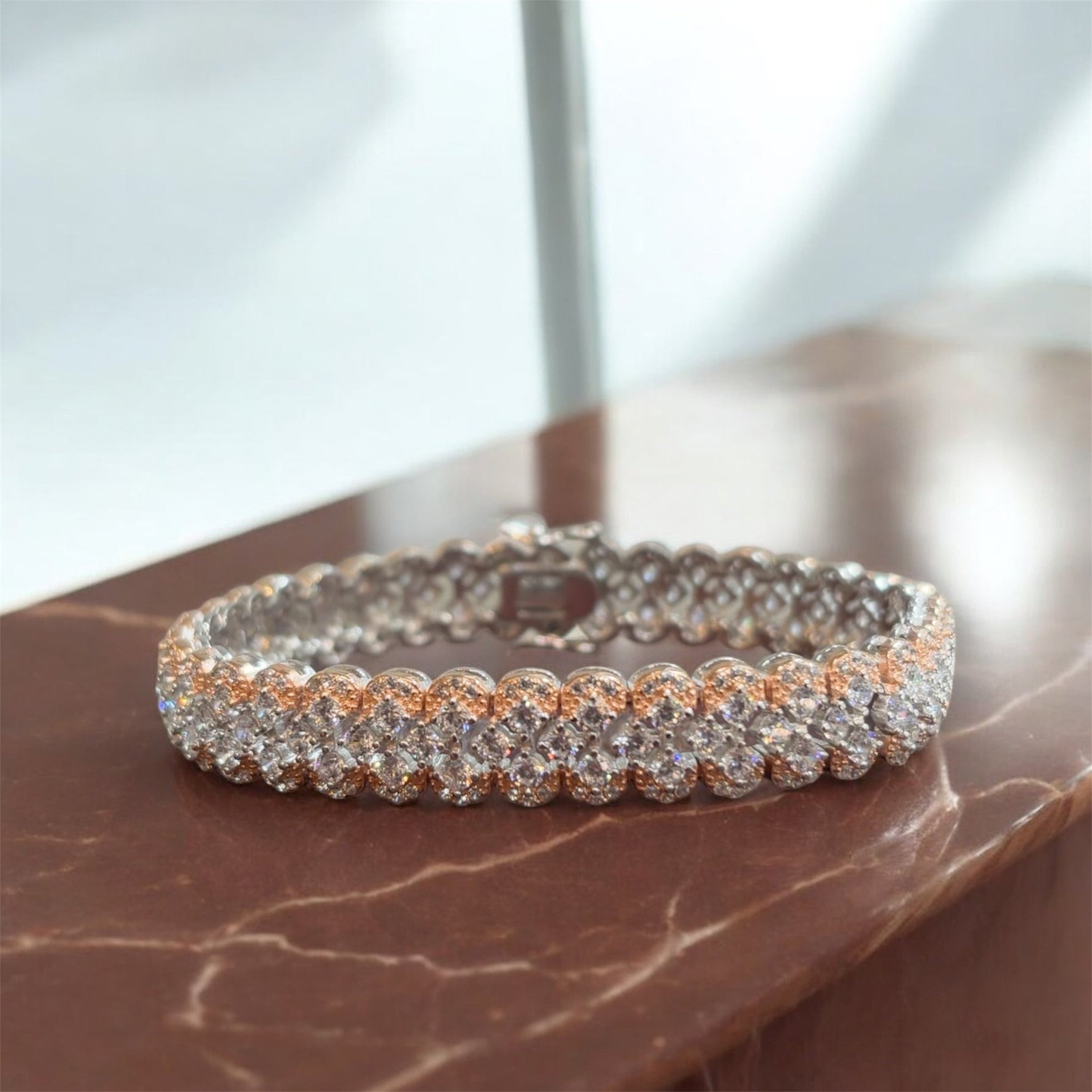 Bracciale tennis maglia larga bianco e ramato in argento 925 - SIddharta