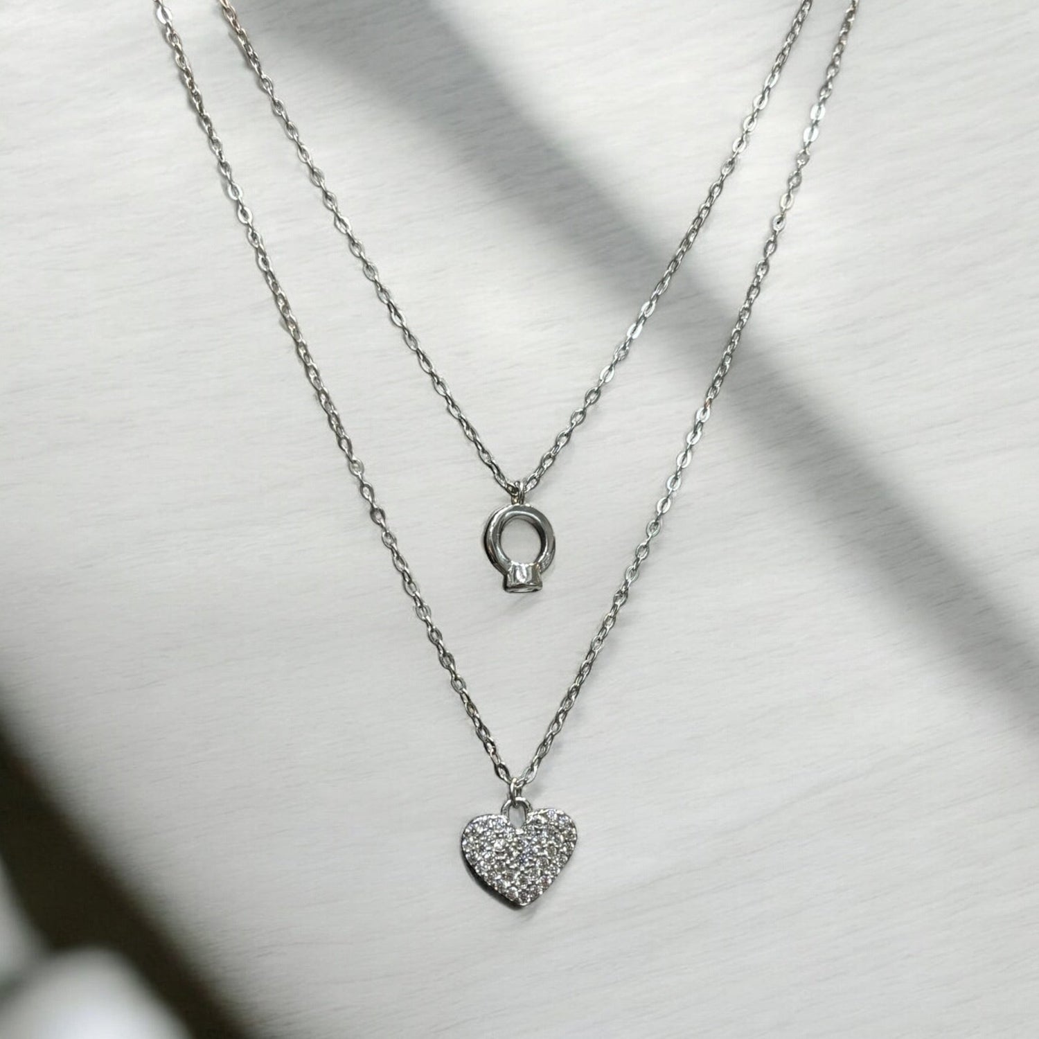 Collana doppio giro cuore e anello con zirconi in argento 925 - SIddharta