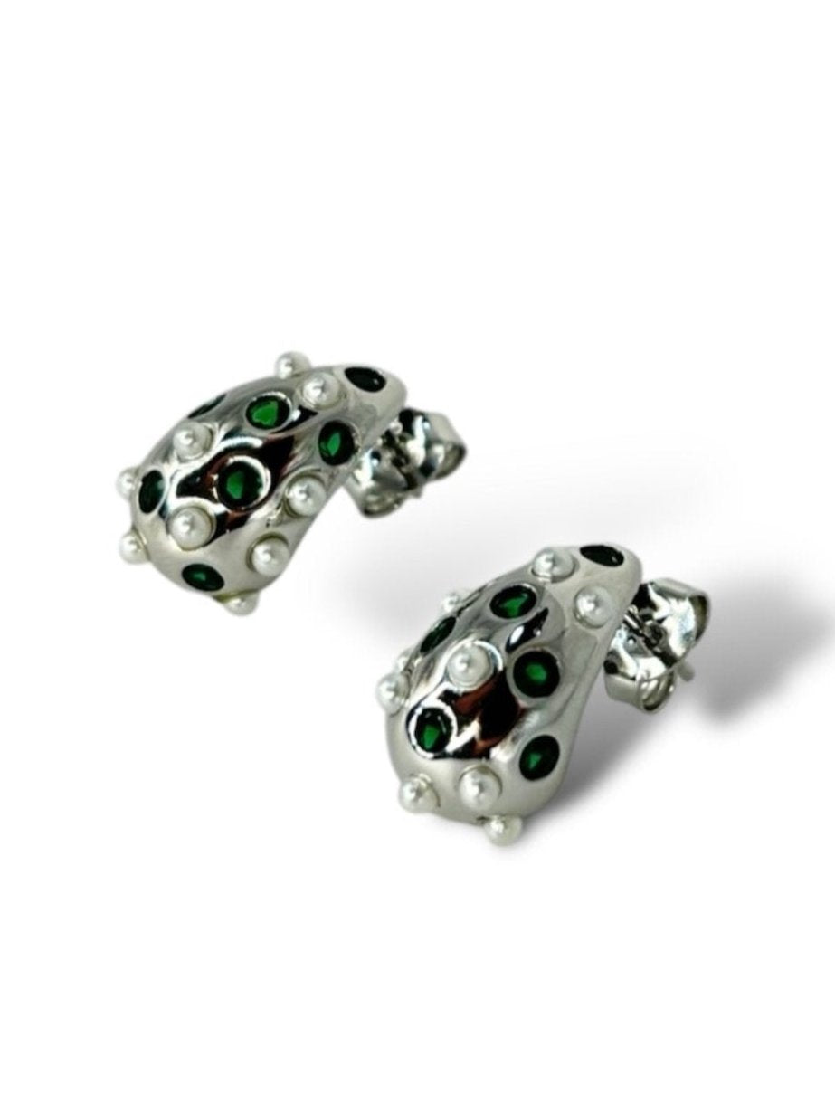 Orecchini goccia con zirconi verdi e perle argento 925 - SIddharta